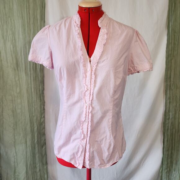 Merona Pink and White Gingham Short Sleeves Button Up Cotton Blouse Size M - Picture 1 of 6